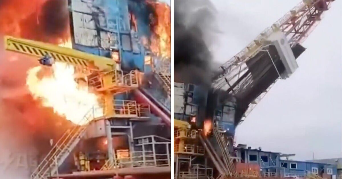 Russia in flames after oil rig collapses – watch moment it topples to the ground